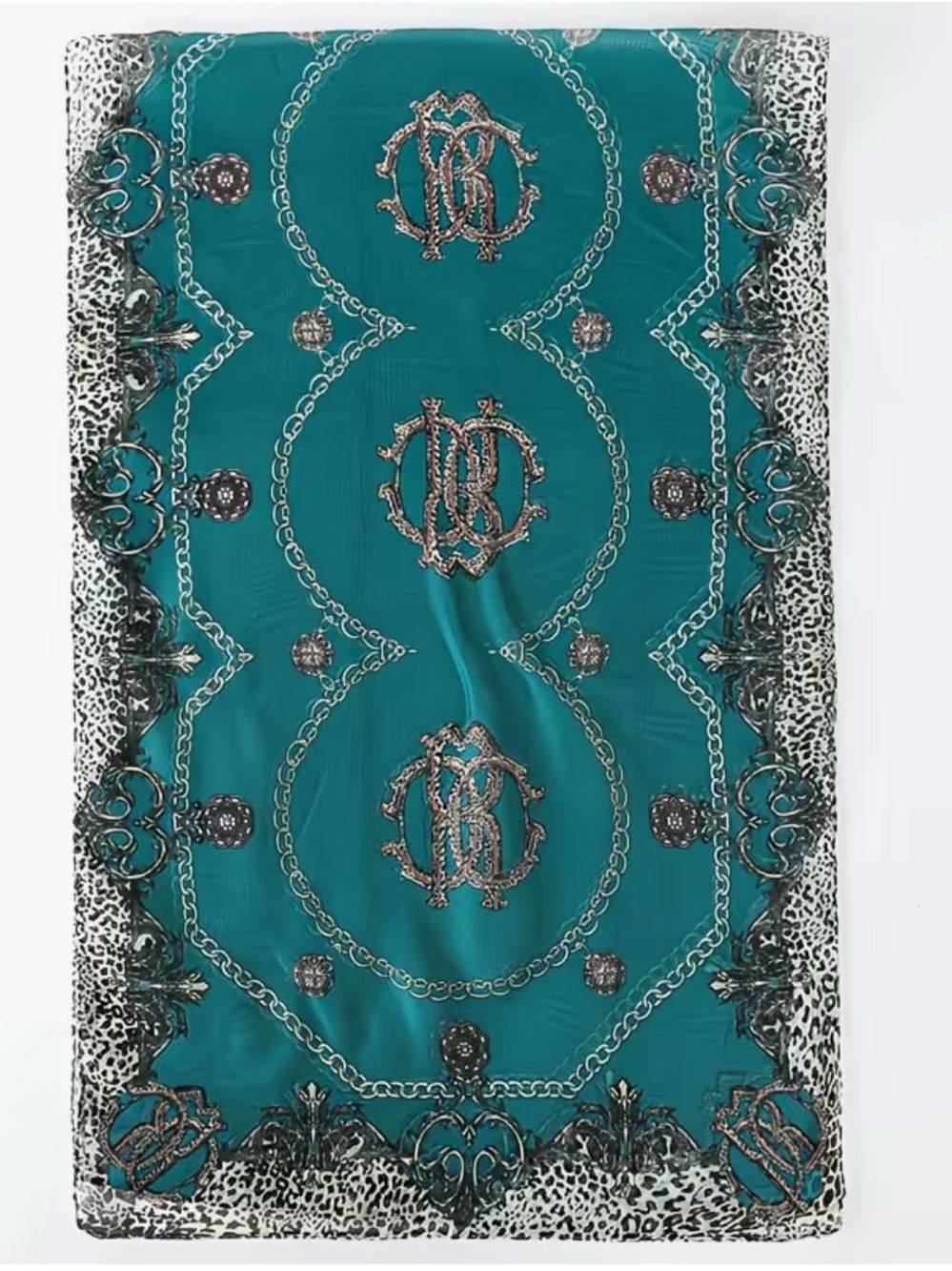 Women's Scarf Teal Chain & Crest Print Leopard Trim